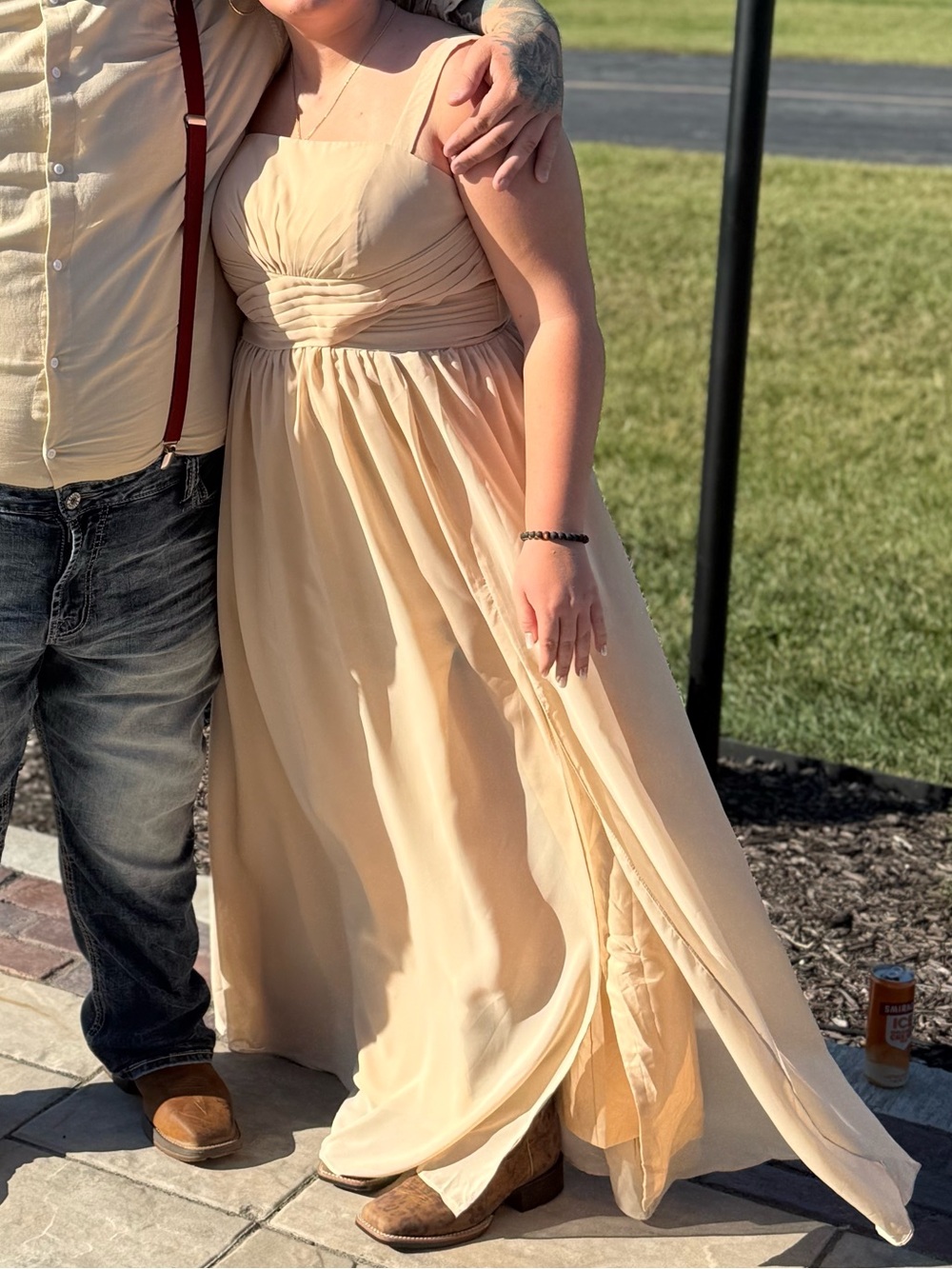 Champagne Dress with Pleated Bodice and Straps